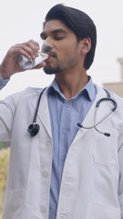 Vertical Photo of Indian Doctor Drinking Water