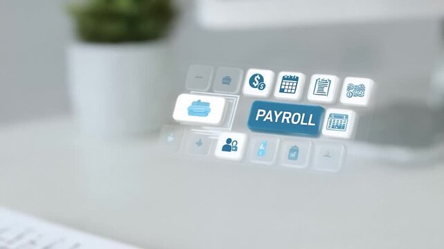 A futuristic interface displays payroll management icons, symbolizing innovation in business technology and digital transformation includes hologram and fintech concepts