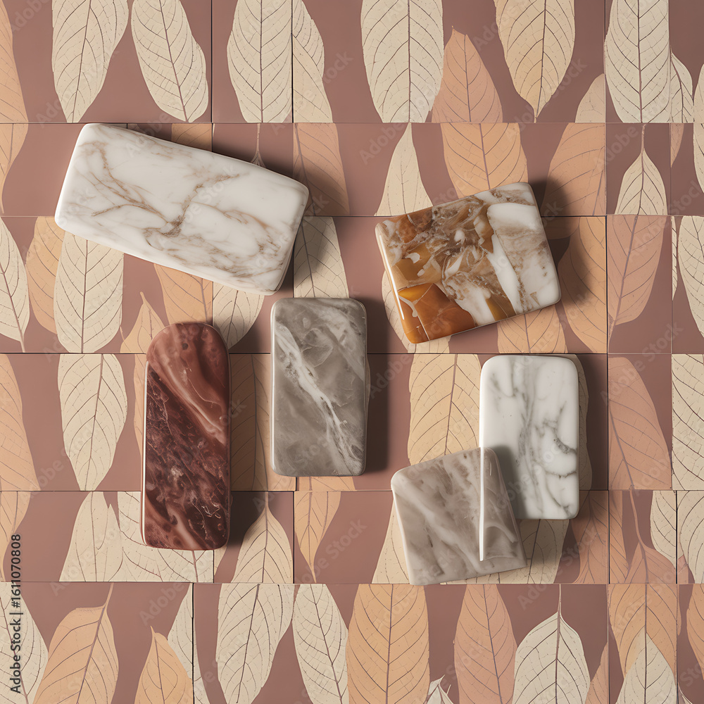 Poster various marble and stone samples are displayed on a patterned background