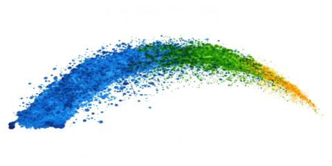 A vibrant arc of blue, green, and yellow powder splashes isolated on transparent background