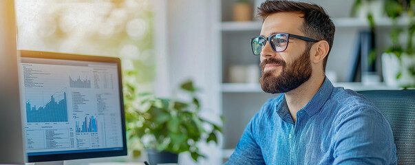 Focused entrepreneur managing freelance business, analyzing data on computer screen in bright office environment