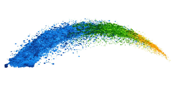 A vibrant arc of blue, green, and yellow powder splashes isolated on transparent background