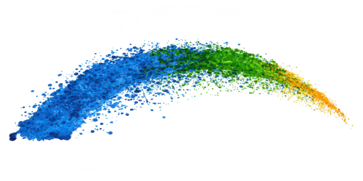 A vibrant arc of blue, green, and yellow powder splashes isolated on transparent background
