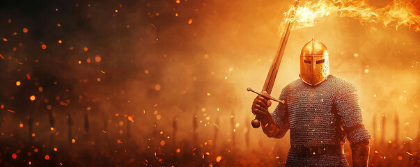 Epic fantasy warrior in golden armor holding flaming sword, standing amidst fiery battlefield, exuding strength and bravery