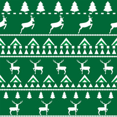 Deer, christmas trees green seamless pattern