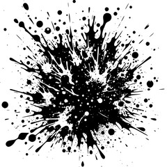 Black ink splatter with dots on a white background