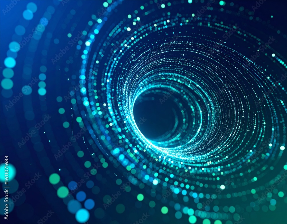 Poster swirling data vortex: glowing blue & green points in digital space. mesmerizing abstract tech & info