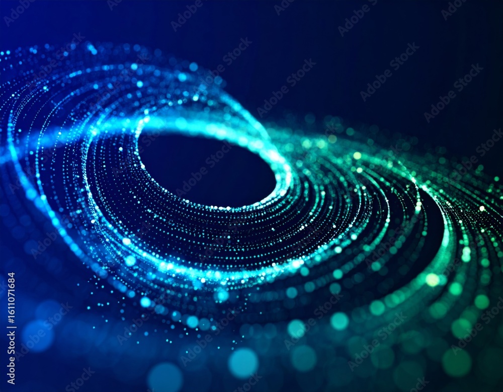 Poster swirling data vortex: glowing blue & green points in digital space. mesmerizing abstract tech & info