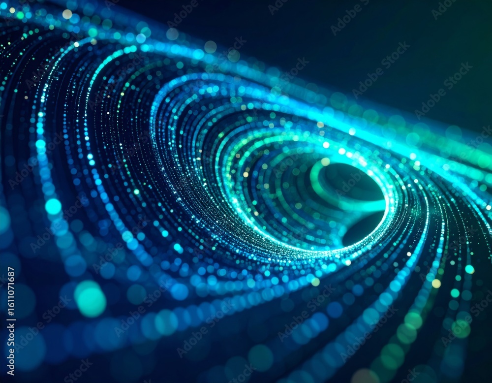Poster swirling data vortex: glowing blue & green points in digital space. mesmerizing abstract tech & info
