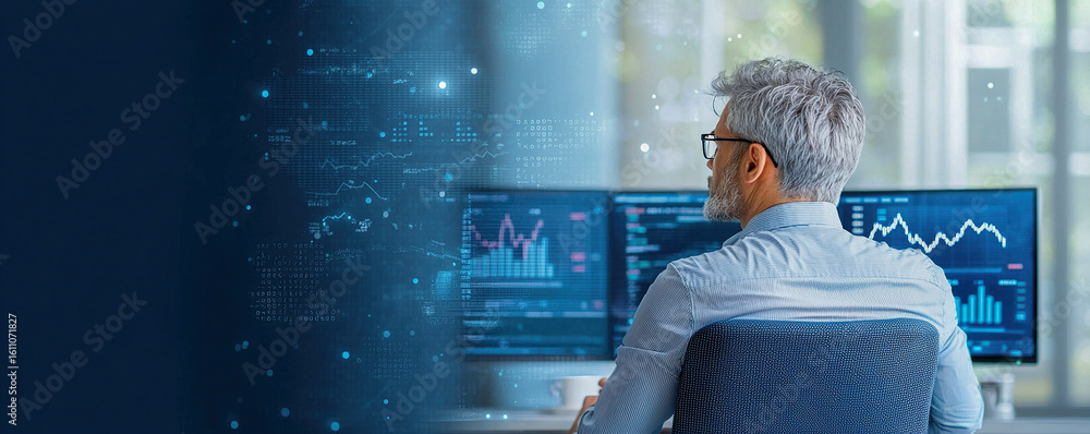 Poster financial analyst working on stock market data, analyzing graphs and trends with multiple monitors. 