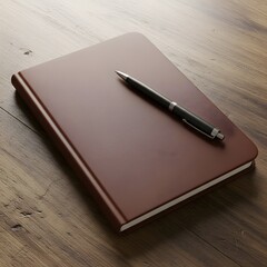 Elegant brown notebook with a pen on a wooden table, a concept of writing and journaling