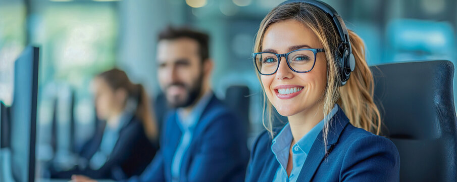 Focused worker improving skills through online platform, wearing headphones and glasses, smiling confidently in modern office environment