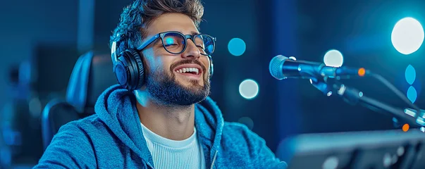 Freelance musician composing music late at night, wearing headphones and smiling, surrounded by dimly lit studio atmosphere © Vilaysack
