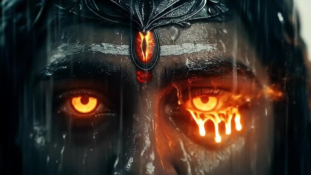 Fiery eye of Lord Shiva in close-up with orange flame reflection, perfect for spiritual designs, backgrounds, meditation apps, and religious themes