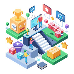 Isometric illustration of people climbing stairs towards success and achievements isolated on white background