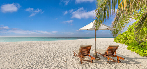 Romantic summer beach scene with chairs umbrella under sunny sky tropical leisure lifestyle vacation tourism holiday destination ocean view palm trees relaxation travel background resort coast