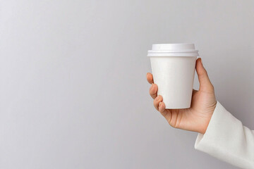 Hand holding plain white coffee cup against light background, symbolizing simplicity and warmth