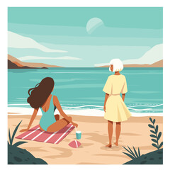 Two Women Relaxing on a Peaceful Beach at Sunset