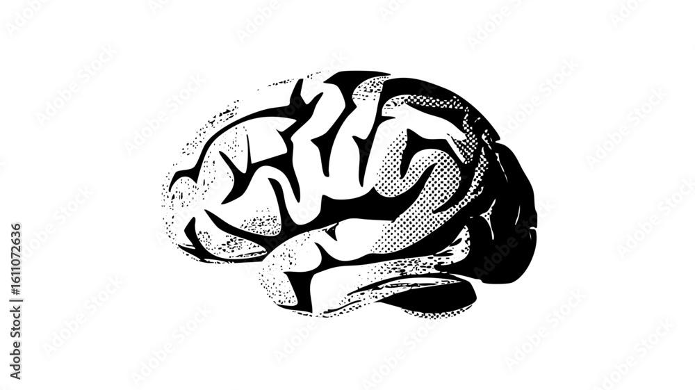 Poster vector intricate brain with halftone texture.