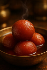 Close-up of traditional Indian dessert Gulab Jamun served in a brass bowl with sugar syrup, hot and steaming, rich brown color, authentic festive sweet