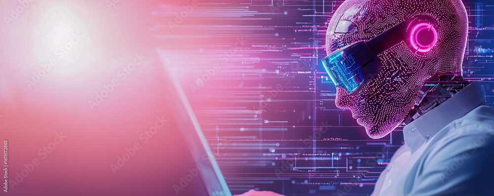 Poster futuristic workspace featuring humanoid robot with digital elements, collaborating with technology i