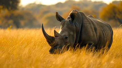 Obraz premium Majestic white rhinoceros standing tall in golden african savannah grassland