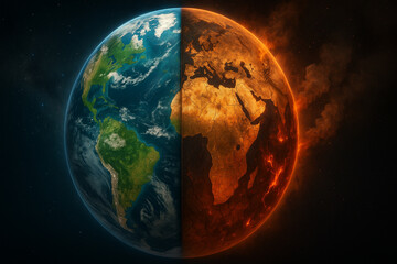 Earth Split Between Life and Destruction – Climate Change and Global Warming Concept