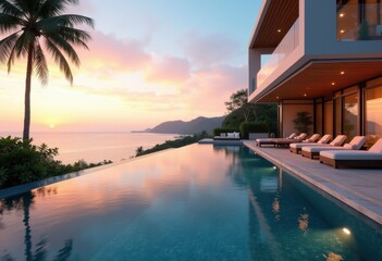 Fototapeta premium exquisite villa infinity pool luxury sunset ocean view serene retreat tranquil horizon relaxation getaway, vacation, sky, landscape, nature, trunquil, wave