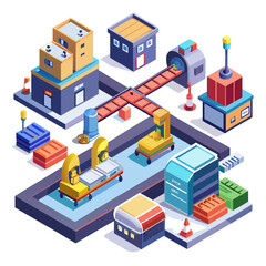 Isometric factory production line with machinery and buildings isolated on white background