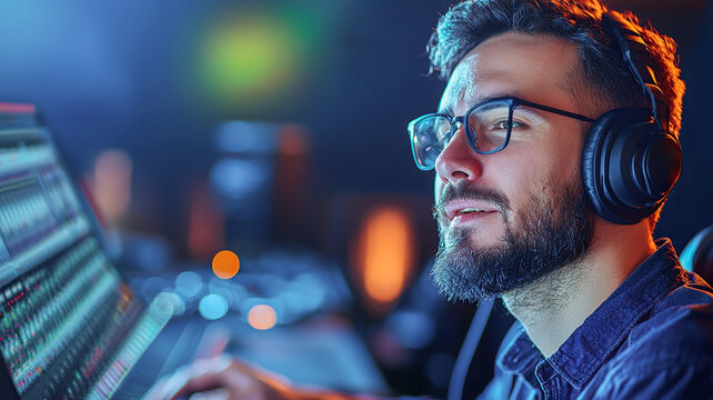 Musician in recording studio focused on sound mixing, wearing headphones and glasses, immersed in creativity and collaboration