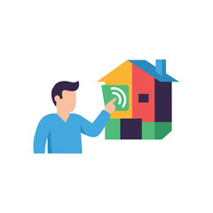 Man interacts with a smart home interface, touching a screen displaying a house icon, indicating control and automation.