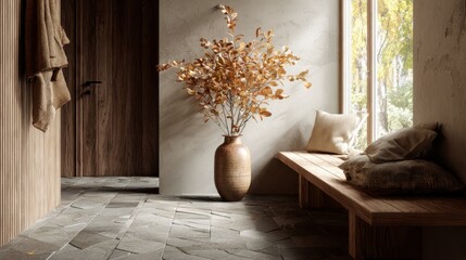 Organic modern hallway with fall leaves