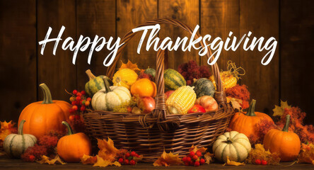 Happy Thanksgiving greeting with wicker basket filled with pumpkins, gourds, and autumn leaves