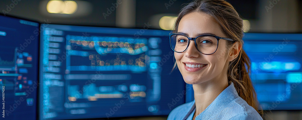 Poster smiling woman with glasses in modern office, surrounded by multiple computer screens displaying data