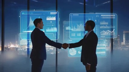 Confident business partners analyze dynamic digital data streams, sealing a deal with a handshake against a stunning city skyline backdrop. - Powered by Adobe