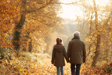 Fototapeta premium Grandfather and teenage girl walking hand in hand through autumn