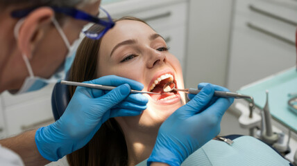 Young woman receiving dental checkup with tools in modern clinic