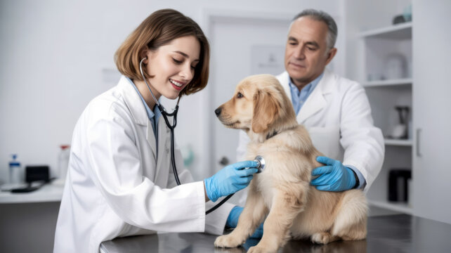 Young female veterinarian examining golden retriever puppy with stethoscope while male vet