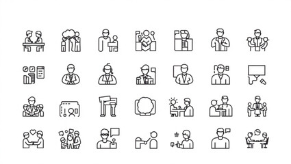 Illustration of various people in different scenarios such as meetings and presentations in outline style created with generated ai