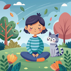 Funny drawing of a little boy and his cat with a flower