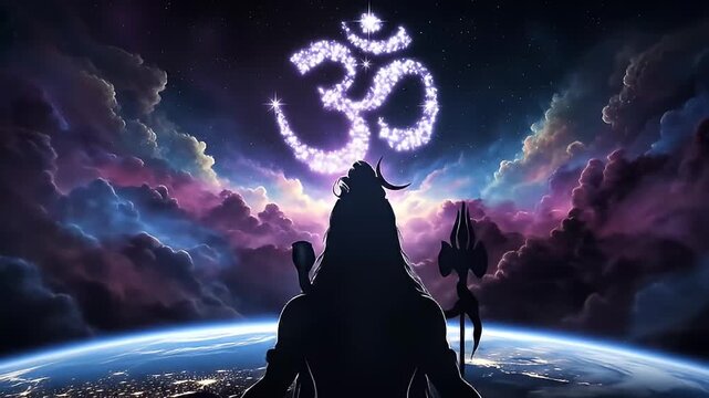 Lord Shiva silhouette with OM symbol glowing in cosmic clouds, perfect for spiritual designs, backgrounds, meditation apps, and religious themes