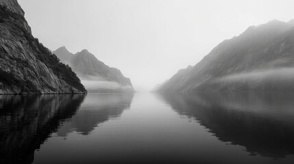 Fog covered Norwegian fjord scenery
