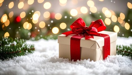 A neatly wrapped gift box with a red ribbon sits in snow, surrounded by evergreen branches and soft, bokeh Christmas lights.