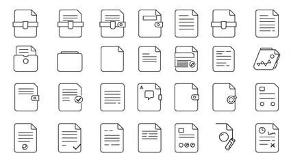 Illustration of various document and file icons with different styles and arrangements in a grid format created with generated ai