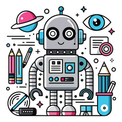 A colorful set of cartoon robot icons, illustrations, and vector designs
