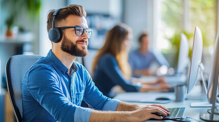 Modern office setup with employees working, featuring man in headphones focused on his computer. atmosphere is collaborative and productive