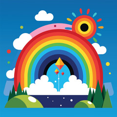 Colorful cartoon landscape with a bright rainbow in a blue sky full of clouds and a sunny day illustration