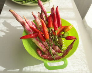 Bunch of red peppers and pink beans in green colander. Seasonal food and farm organic produce. 