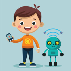 Smiling student cartoon character with a tablet and smartphone in his hand