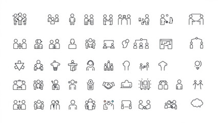 Illustration of various business and social interaction icons in a simple line art style format created with generated ai